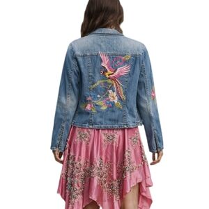 Allen B Vintage Y2K Boho Embroidered Floral Bird Of Paradise Denim Jacket